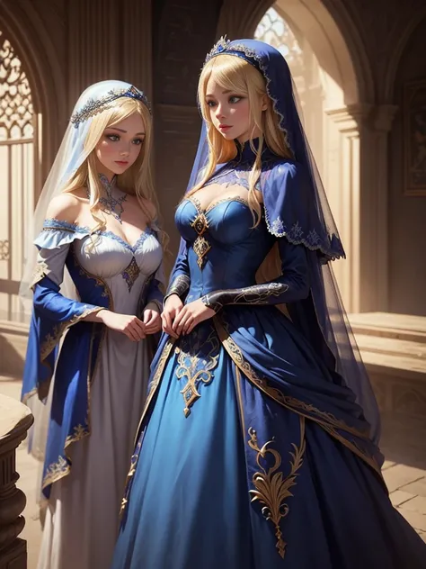 Wearing a blue dress and a veil、Blonde woman with a veil on her head, Beautiful fantasy maiden, Detailed fantasy art, Beautiful fantasy art, Blonde Princess, Art Station pixiv&#39;s artgerm, Beautiful maiden, ((Beautiful Fantasy Empress)), 2. 5d cgi anime ...