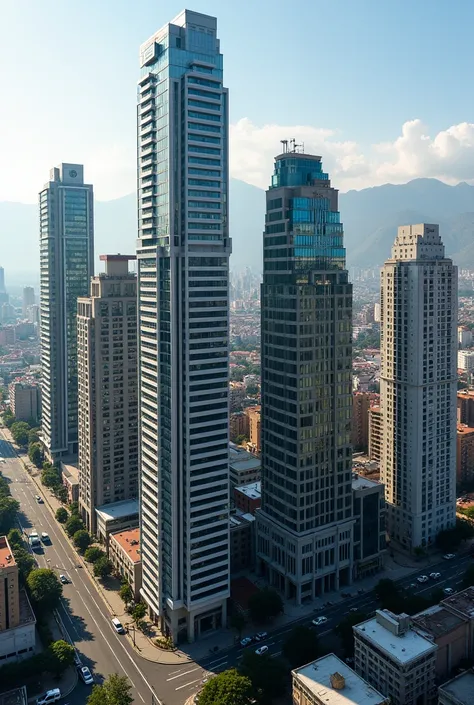 It has tall residential and office buildings about 52 meters high separated, with a different design each one of them on an avenue in the city of Arequipa. Have an aerial view 