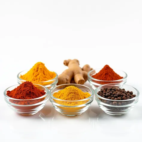 Create a visually appealing spice arrangement against a white background. Spices should be displayed in clear bowls or small glass containers to highlight their colors and textures. Include turmeric, ground ginger, ground cinnamon, black pepper, and cayenn...