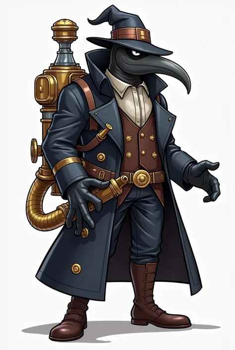 Make a steampunk character with a gas-powered gun loading tube 
 on the back, wearing a black plague doctor-style coat and mask and with a gas-powered technological weapon for a 2D platform game with cute style