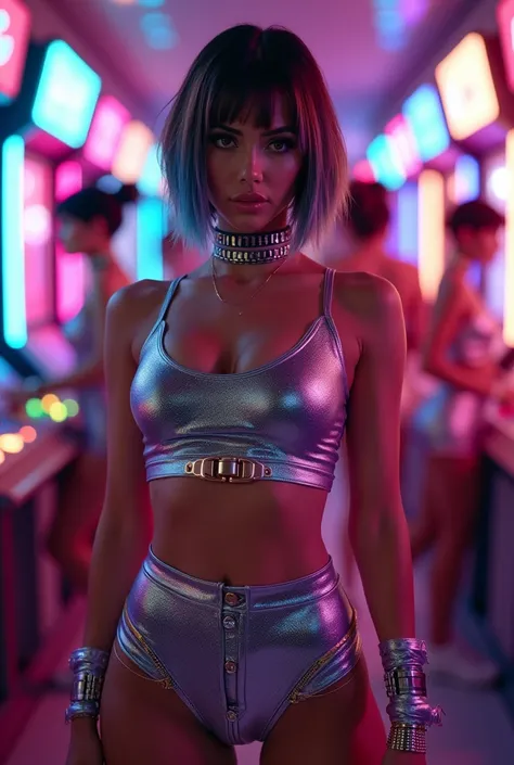 [Subject: Cyberpunk Kardashian Sister in Futuristic Retro-Gaming Fashion] A high-resolution, cinematic Instagram image featuring a Kardashian sister in a striking cyberpunk-inspired outfit, standing confidently in a neon-lit, retro-futuristic environment.
...