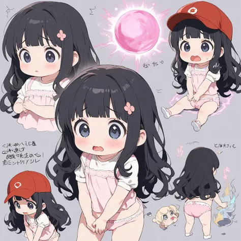 a man get transformed into a cute toddler girl, , long hair, black hair, cute underwear, pink diaper , red baseball cap, confused, embarrassed, hands on the crotch, magic, surpriced, reference sheet , open mouth, 