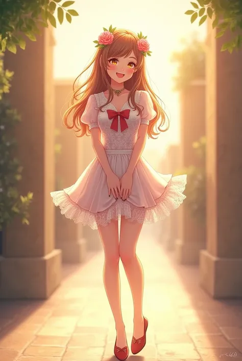 Ultra high quality，High heel，Short skirt，Smile，Sunlight，Lace dress，Wear flowers on your head，School Belle，charming，Ribbon，Show full body