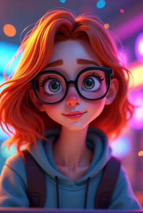 A 27 year old woman with a long face gamer,shoulder length red hair wears glasses,Disney Pixar style image
