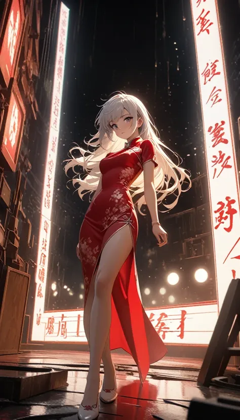 Cheongsam Girl，Long Hair，Pure white background，Depth of written boundary，Low angle view，Calf Level View，Overclocked Renderer，Cinema Lighting，Ultra-fine，Very detailed，complicated，Cinematic Perspective，CG Art，