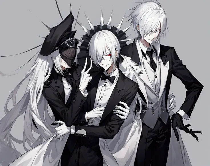 anime character tall, slender man with spiky white hair. He is depicted wearing a high-collared dark outfit also wearing black blindfold covering his eyes. His expression is calm and confident, with a slight smirk on his face, as he holds up his right hand...