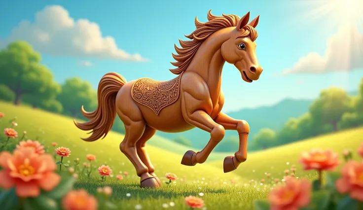 A beautifully crafted wooden horse, intricately carved with detailed patterns, is placed on a bright and cheerful outdoor background. The horse has a playful expression, and as a hammer lightly taps its tail, it comes to life. The horse, with vibrant golde...