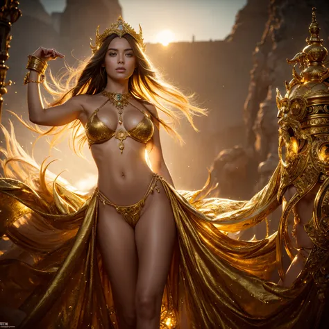 Nude Sun Goddess，Epic composition, golden Lights, photo, photography, extreme details, highly detailed, 8k, intricate, elegant, fantasy, cinematic lighting, whimsical, fantasy, photographic, realism pushed to extreme, fine texture, photo realistic, Fuji fi...