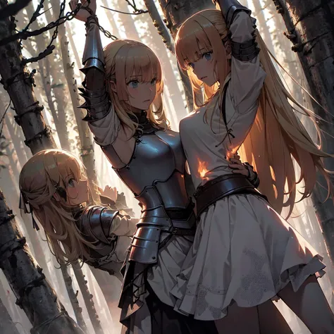 a group of  female knight, (in the forest), mr.々hair style, harem, wearing armor, metal armor, night, detailed aspect, , short s...