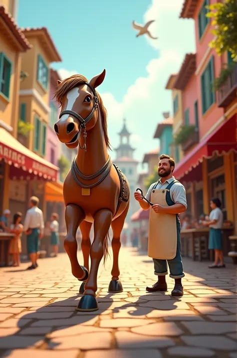 In the bustling town square, the wooden horse trots toward a small barber’s shop. The town is lively with colorful stalls, people in traditional clothes, and vibrant buildings painted in pastel hues. The barber, wearing a classic white apron and holding sc...