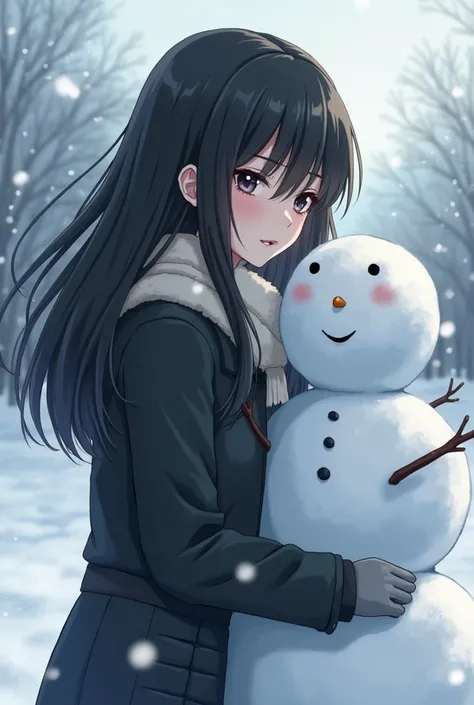 1 woman with straight black hair, in the snow with snowman 