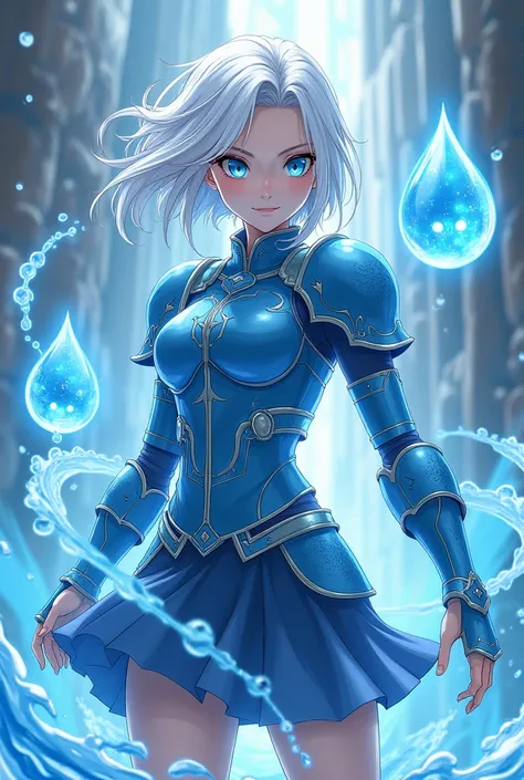 Young woman with white hair, blue armor, water elemental powers, striking blue eyes, skirt short, upper armor, bracelets, with pet made of water looks like a drop, with a ring around it, to keep it alive, anime style and animated manga dragon ball traits