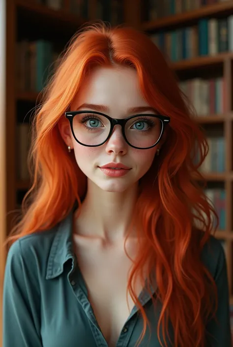 Redhead girl with blue eyes and glasses