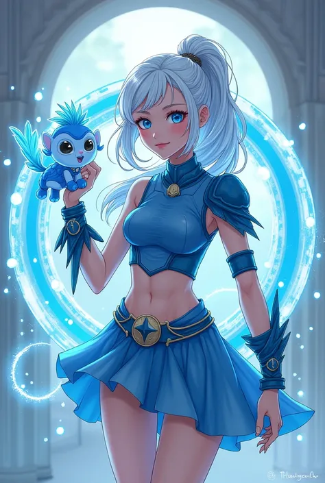 Young woman with white hair, blue armor, water elemental powers, striking blue eyes, skirt short, upper armor, bracelets, with a pet made of water that looks like a drop, with a ring around it, to keep it alive, anime style and animated manga dragon ball t...