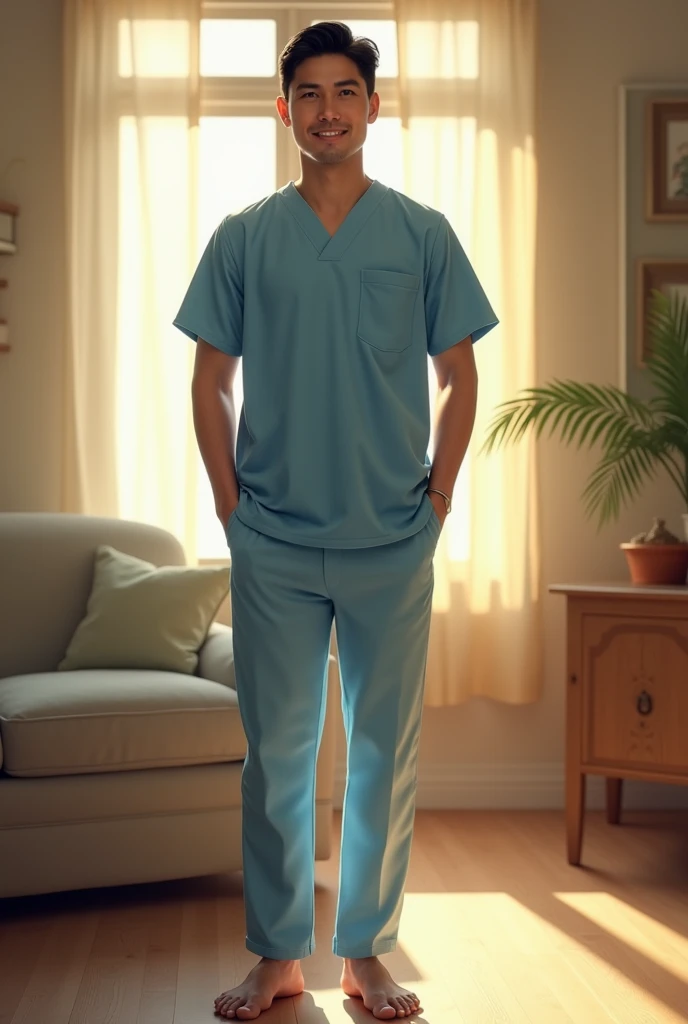 (photorealism:1.2), white man, standing front, barefoot, wearing light blue pants and shirt kind of doctors wear, short black hair, around 3,outdoors, soft lighting, window with sunlight, cozy room, relaxed pose, realistic, intricate details, warm colors, ...