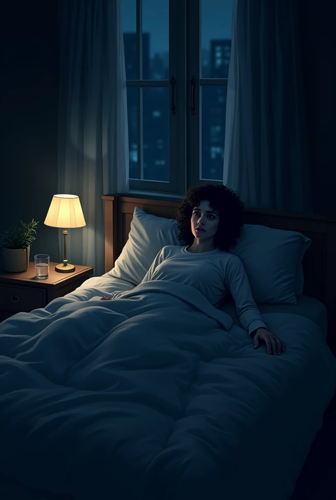 The image of a person lying in bed with their eyes open in the middle of the night 