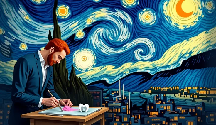 the painter van gogh with red hair, more adult personality, making a 3d tooth painting under the canvas with the starry night background