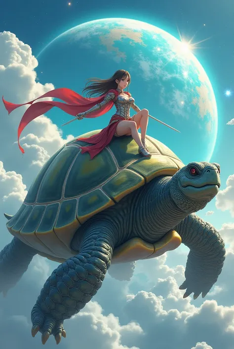 (Pictureanime) A magical turtle that has a planet as its back almost orb liked, with a anime girl on it. The girl has a cape and sword and somewhat armored. 
the turtle should be the main forcus and the girl can be seen on its head riding it
