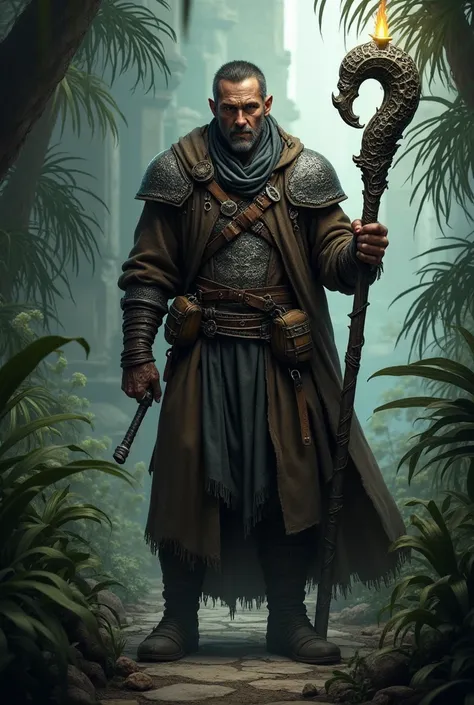 Create an image of Galen, a battle-hardened mercenary from a fictional medievial worl. He should have a rugged apperance, with a not muscular build. Vorn wears a mix of worn-out robe armor and chainmail, showing sings of wear but still functional. He carri...