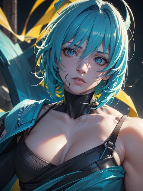 a young adult with athletic physique,covered in scars,adorable face,large round black eyes with yellow pupils,messy cyan blue hair,(best quality,4k,8k,highres,masterpiece:1.2),ultra-detailed,(realistic,photorealistic,photo-realistic:1.37),highly detailed p...