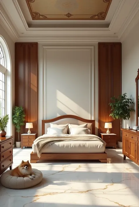 large marble bedroom, Wooden furniture, kingsize bed and a pomeranian lying on the dog bed