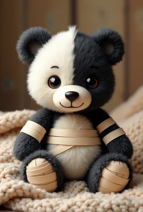 Create a small teddy bear, with some bandages on the black and white body 