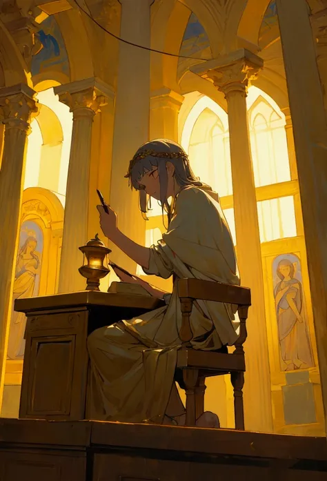 In a dimly lit Roman room with ornate columns and frescoes, Demetrios, a young Greek scholar with a thoughtful expression, sits at a desk late at night, writing a poem on a scroll of parchment. The atmosphere is tense yet filled with hope, as the soft glow...