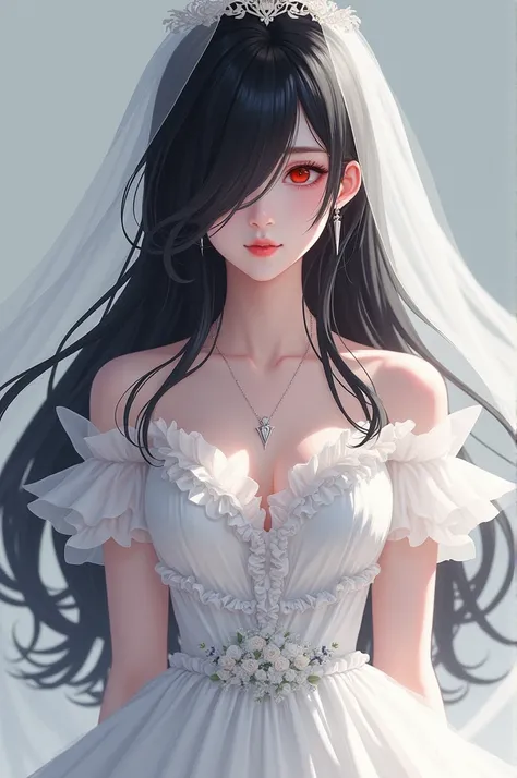 
hair up, hair tied back, white dress, wedding dress, dress with ruffles, transparent white veil, necklace, (perfect anatomy), (masterpiece), (wedding), marriage, sola, pointed earrings, V-shaped necklace, neckline, "Kurumi Tokisaki", 1 beautiful woman, lo...