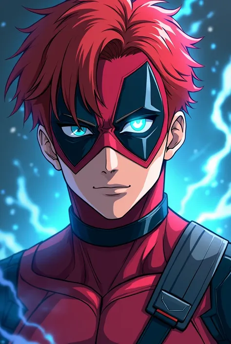 make a mix of deadpool and satoru gojo from jujutsu kaisen, in anime or manga style, that is with uncovered face, that the suit is only from the neck down, is a man