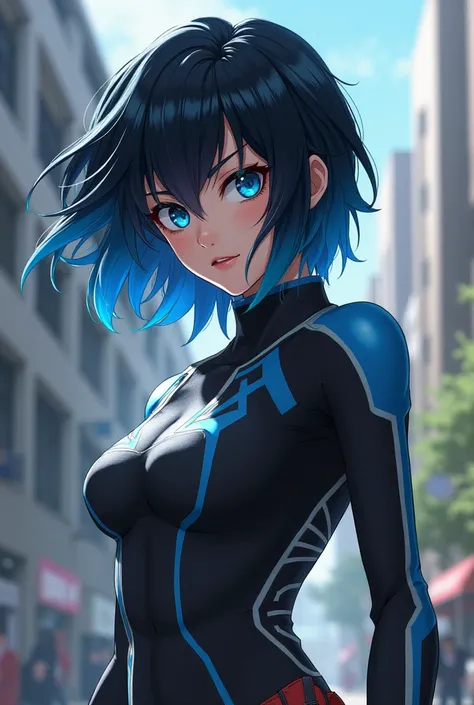 A character from my hero academia with black hair and light blue tips and light eyes, a woman