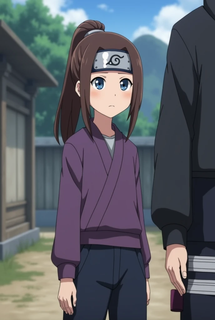 capture d&#39;écran, Style d&#39;anime Naruto, une fille femme de 12ANS , peau teint clair légèrement pâle, Taille moyenne, Poitrine moyenne yeux bleus(style anime Naruto), cheveux BRAIN, Long, QUEUE DE CHEVAL,SANS REPOUSSES,REGULIER, barrette en bois pour...