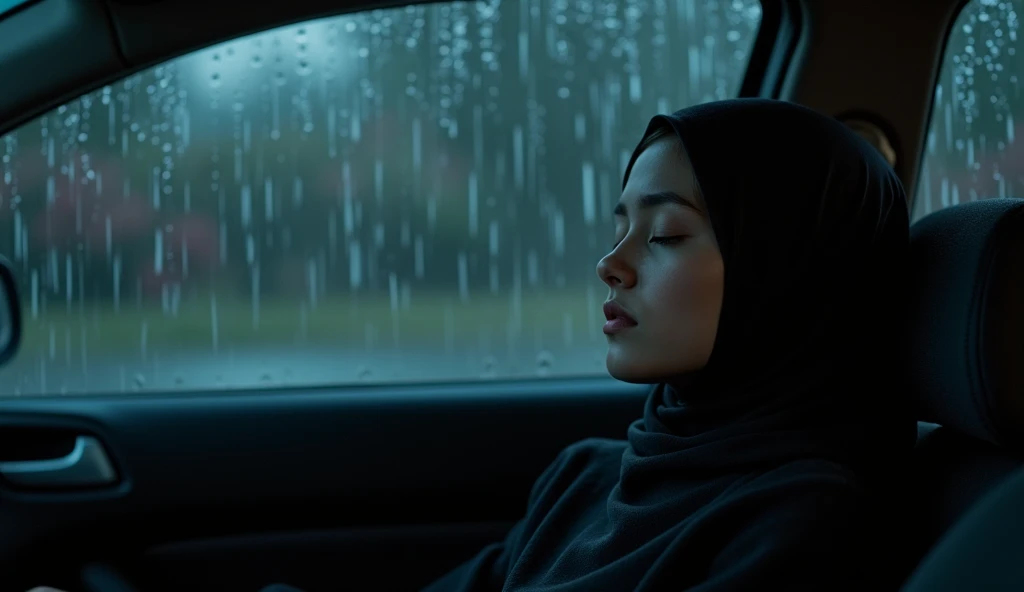 Black hijab girl sleeping in car, midnight rain in the car glass Rain drops
