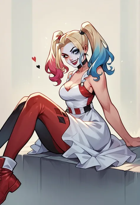 do it for me, blonde-haired, twin pigtails dyed blue and pink. Harley quinn wearing a white dress sitting on Marvel&#39;s Loki,em um jardim,Marvel comics panel 