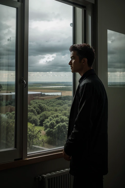 An image of a man looking out a window, contemplating a cloudy landscape, representing introspection and isolation.