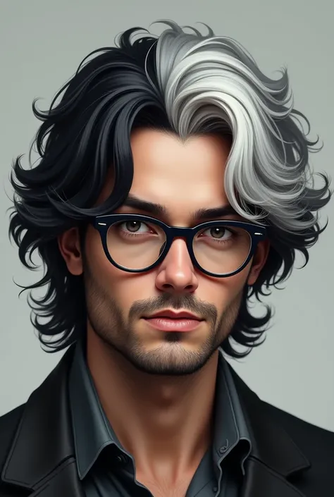 Hyper realistic image of a black haired man with glasses, Her hair has a white streak that fades to black, with mullet cut with wavy hair