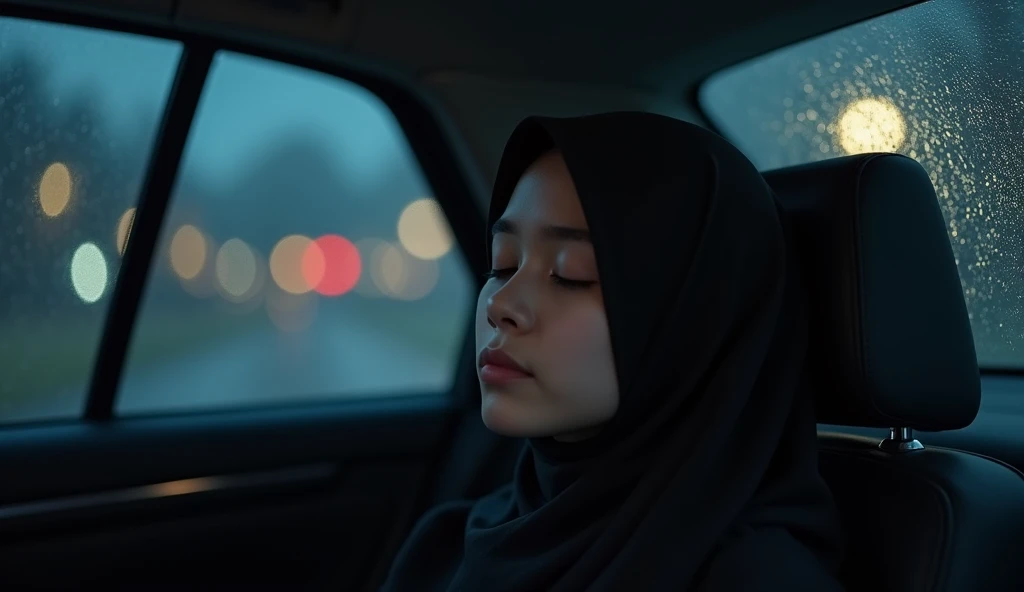 Beautiful black hijab girl sleeping in the car, midnight rain in the car glass Rain drops
