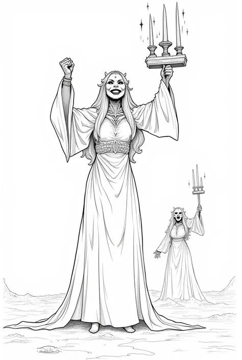 Create a lineart illustration Setting: Show Notwen with the ark and the Trinities, looking triumphant and malicious. Marine could be in the background, frozen and terrified, while Notwen displays the relics and gives an ominous reading.