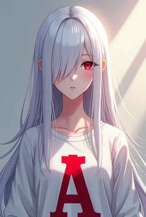 One with white hair with a ribbon covering his eyes and with a letter A on his shirt, the color of the letter is red and with an aura outside of him, anime
