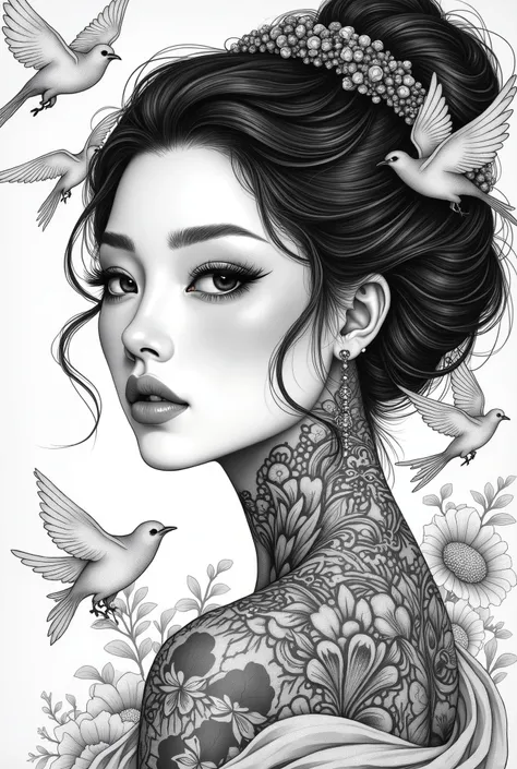 ((best quality)), ((masterpiece)), (detailed), ((perfect japanese face)), surreal, art nouveau, sparrows, fantasy, sci-fi, line drawing, japanese, traditional, vintage, elegant, chic, sophisticated, tattooed face, black and white, 
