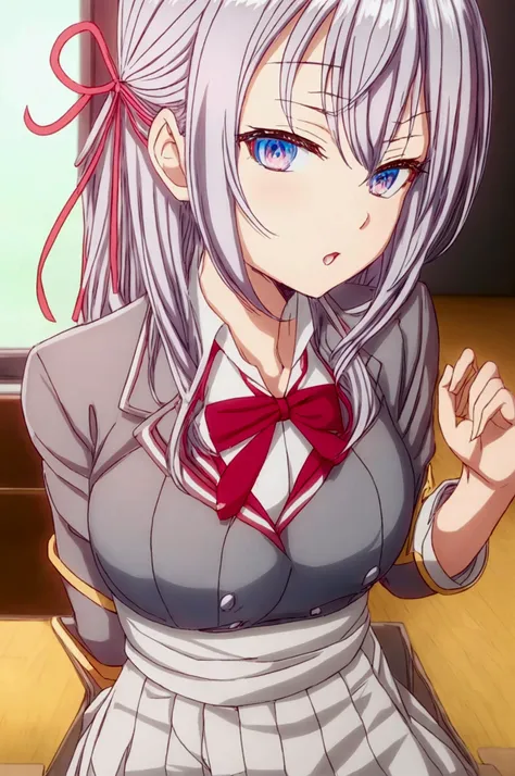 アニメ, female character ,alya-san,beautiful silver hair with a ribbon tied ,student uniform ,medium breasts ,ultra quality .