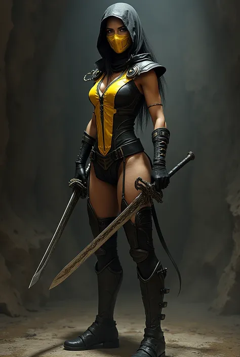 Scorpion Mortal Kombat female version on side with swords 