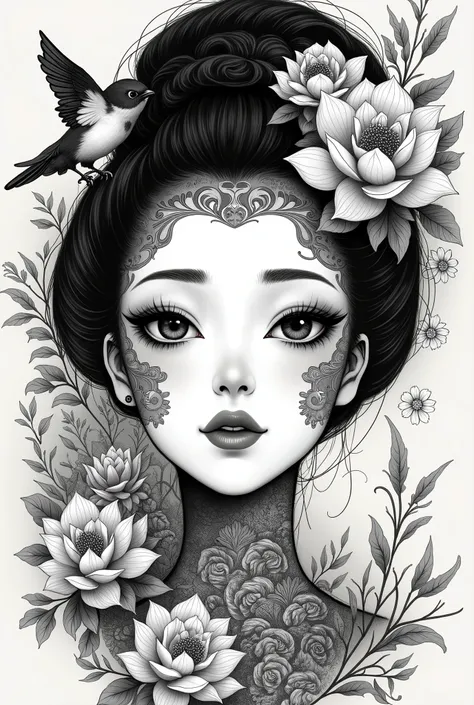 ((best quality)), ((masterpiece)), (detailed), ((perfect japanese face)), surreal, art nouveau, sparrows, fantasy, sci-fi, line drawing, japanese, traditional, vintage, elegant, chic, sophisticated, tattooed face, black and white, in the style of french il...