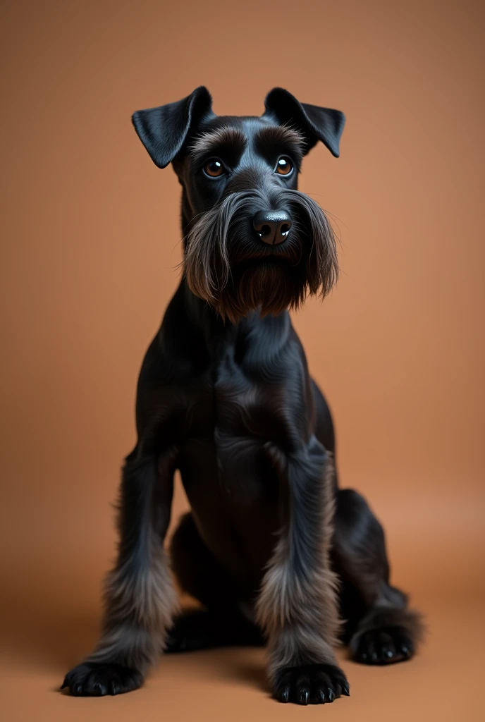 a beautiful Schnauzer dog, sitting facing forward, he is black, isolated on a brown background