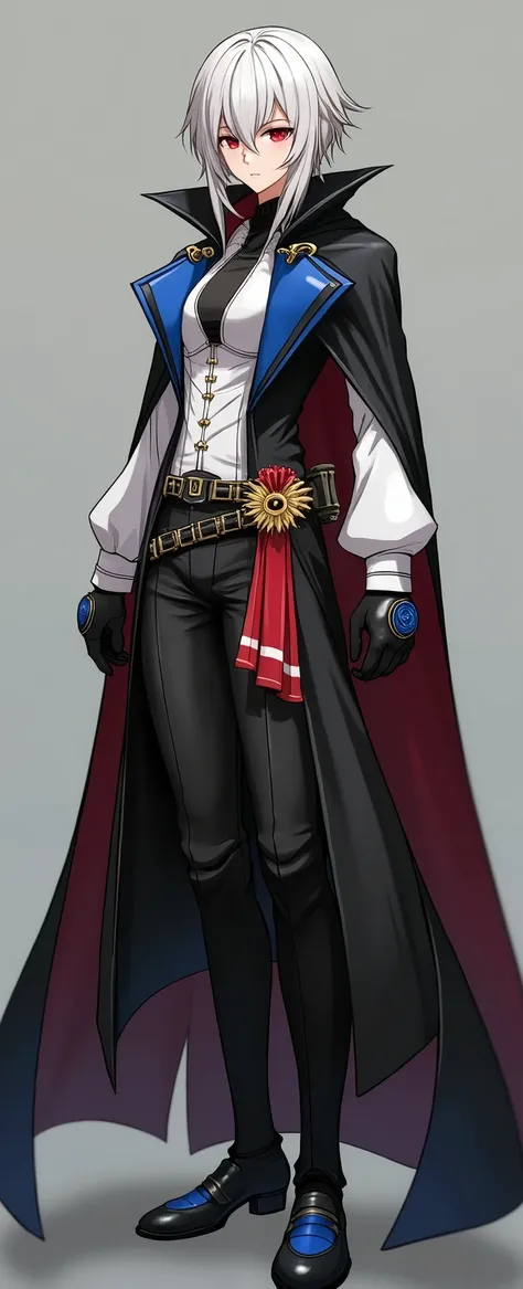 character sheet, Three types，full body shot，game character design，black hair，red eyes，Arknights anime character wearing a black cloak，Full body concept art expressed in detail..，The costume design is well done.，suit with blue inserts，Character concept art ...