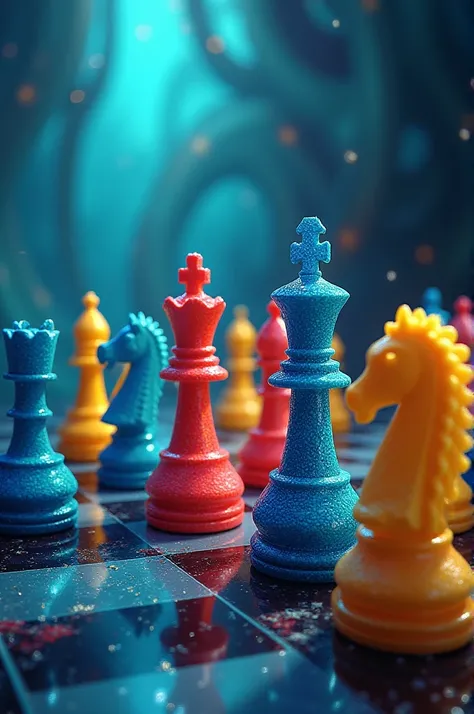 Chess in blue, red and teal and yellow 