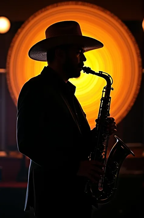 Saxophonist against the light with a vueltiao hat in the background
