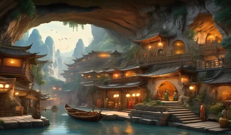 panoramic view painting of a river with a boat and a cave in the background, beautiful fantasy cave scene, medeival fantasy town, fantasy town setting, beautiful render of tang dynasty, highly detailed fantasy art, 4k fantasy art, detailed fantasy digital ...