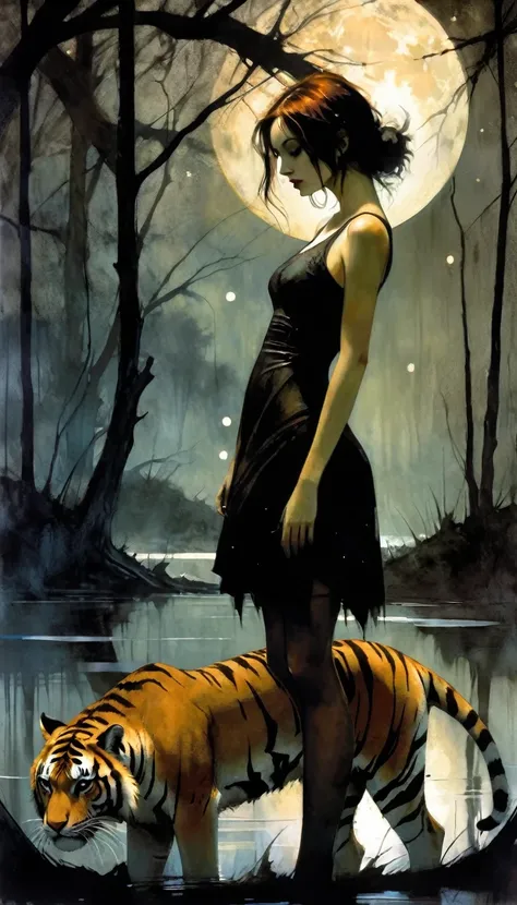 sexy girl and her pet tiger, sexy dress, next to a lake, a tree, a magical night with stars, loving eroticism, sexy, black and white image, between shadows, oil painting, chiaroscuro, sensual, dramatic lighting, moody atmosphere, photorealistic, intricate ...