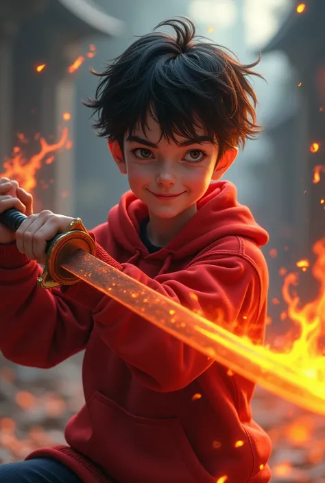 adventure time character, vampire boy, red sweatshirt, sword, fire powers, cool