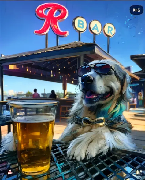 create a fun and creative shirt print inspired by the image of a golden retriever dog in sunglasses, relaxing at an outdoor bar ...